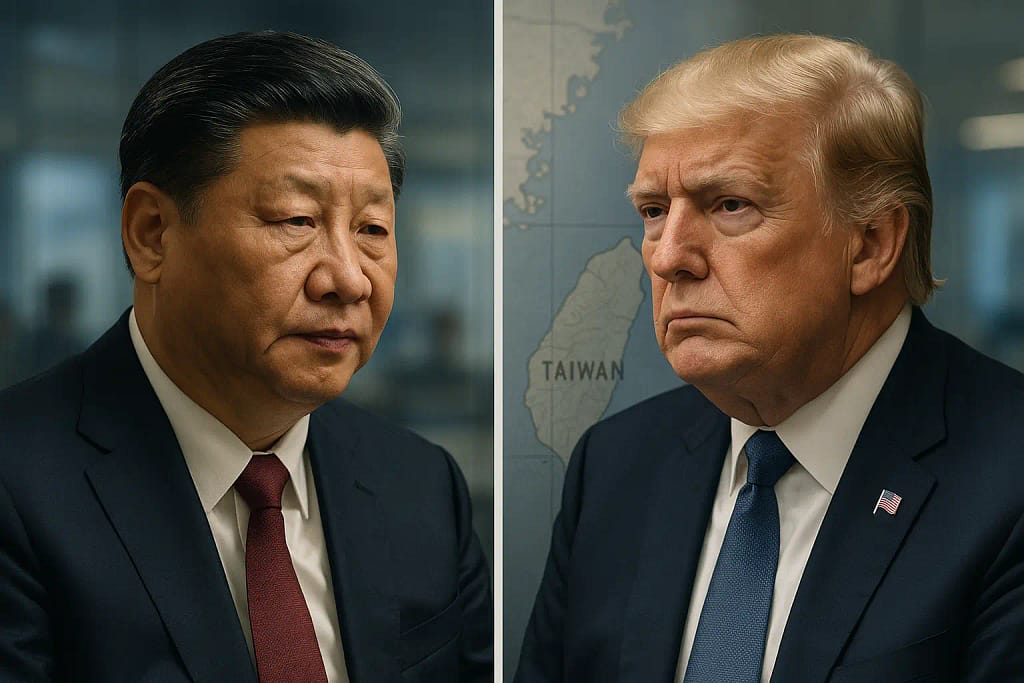 Split-screen editorial image symbolizing a tense phone call between Xi Jinping and Donald Trump over Taiwan.