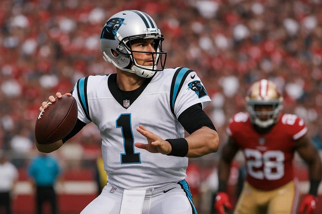 Generic NFL quarterback preparing to throw during a game representing the Panthers vs 49ers matchup.