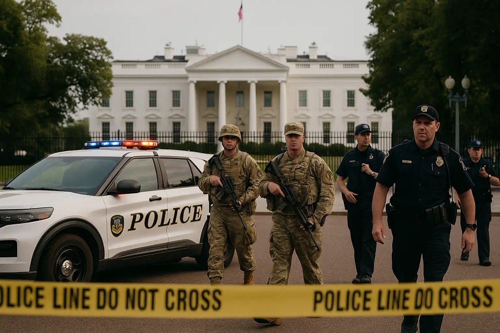 Silhouetted National Guard members near security barriers in Washington, D.C.