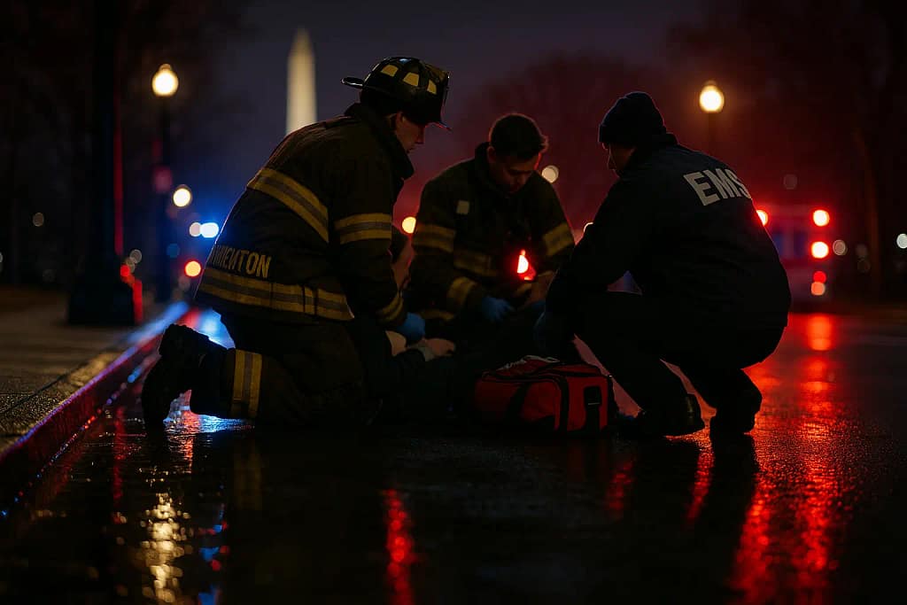 First responders provide medical aid on a sidewalk in Washington, D.C. after a shooting.