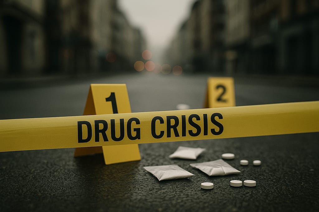 Symbolic image representing the drug crisis: warning tape, evidence markers, blurred city background,