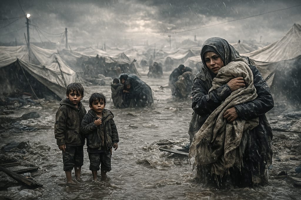 Flooded displacement camps in Gaza as winter storms endanger displaced families and children.