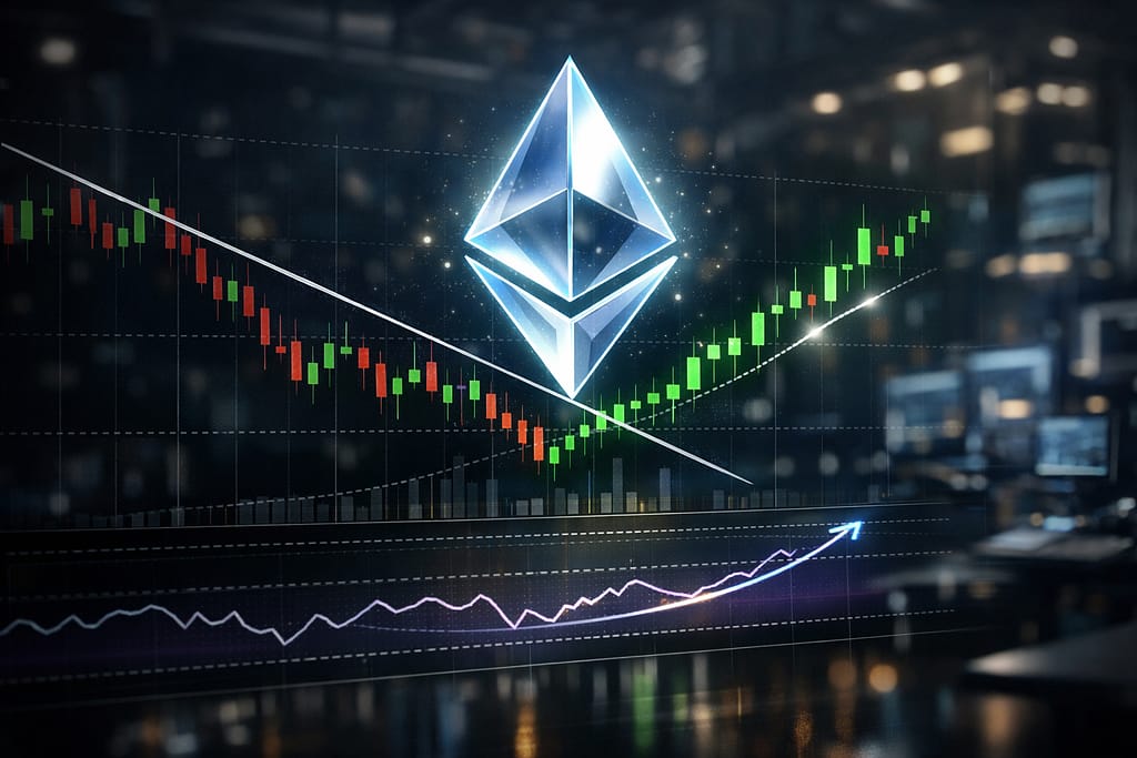 Ethereum faces strong resistance near the 50-period moving average, with mixed red and green candlesticks reflecting ongoing market pressure.