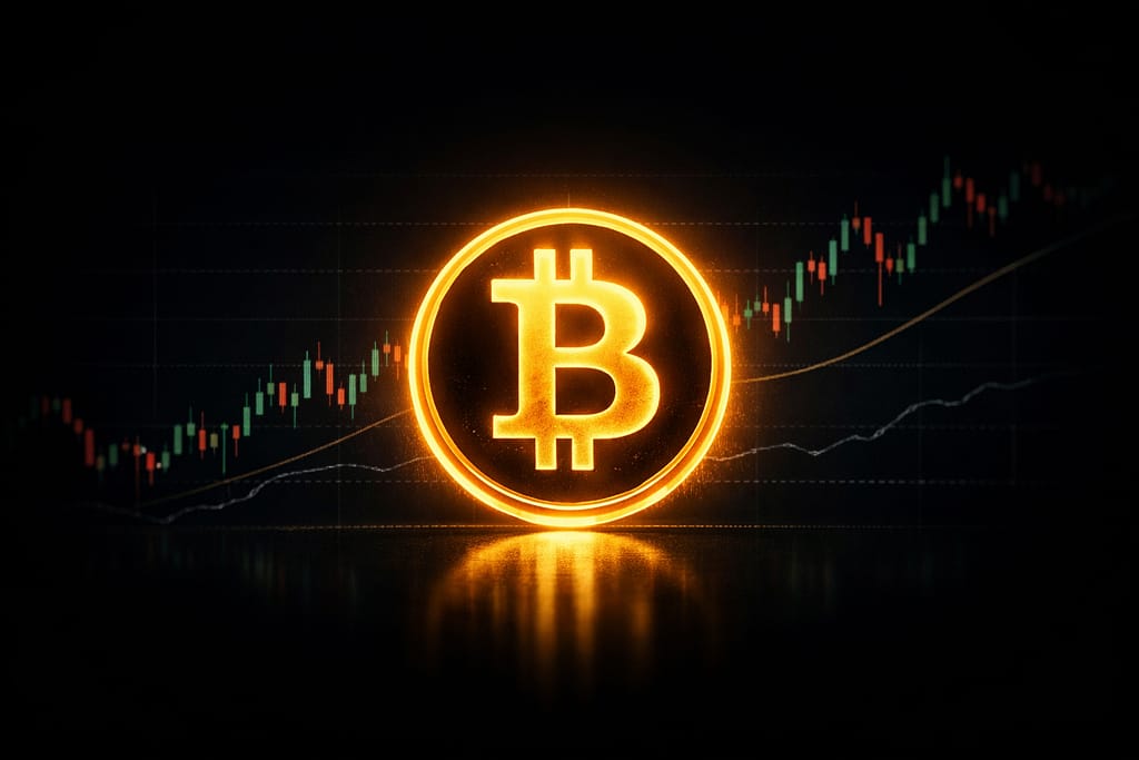 Bitcoin logo displayed over a clean technical chart representing BTC/USD price analysis and market outlook.