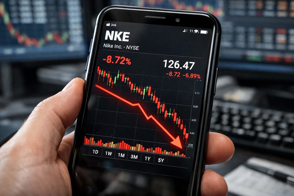 Nike stock chart showing sharp decline after earnings report and weak China outlook