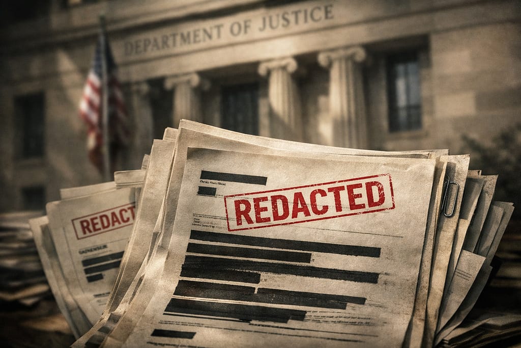 Redacted government documents symbolize controversy over Epstein files release.