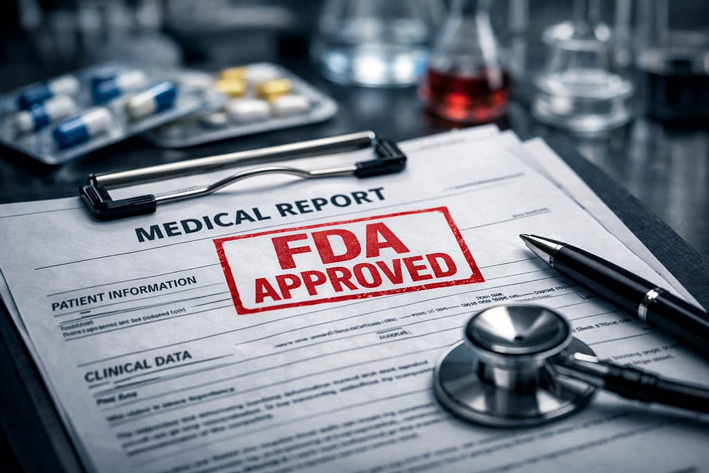 Illustration showing FDA approval of a new oral GLP‑1 weight‑loss drug.