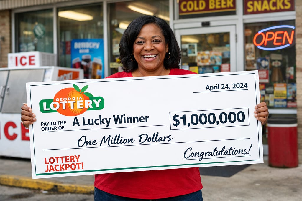 Queue of people buying Powerball tickets at a gas station, night lighting, excitement and hopeful expressions, real-world realism