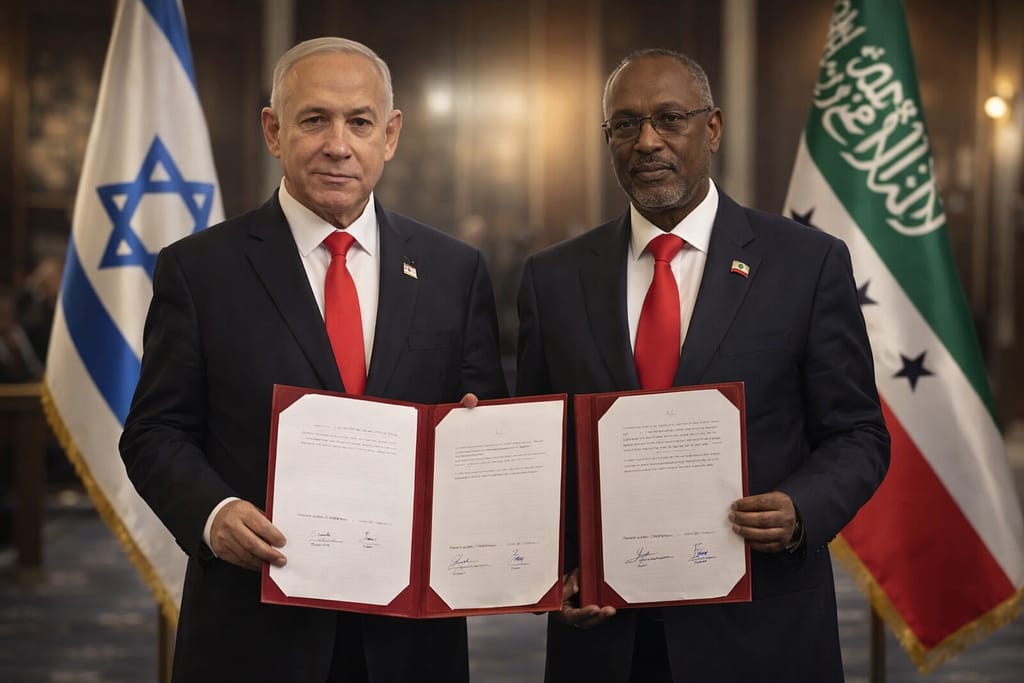 Israel officially recognizes Somaliland as an independent state during a diplomatic signing ceremony