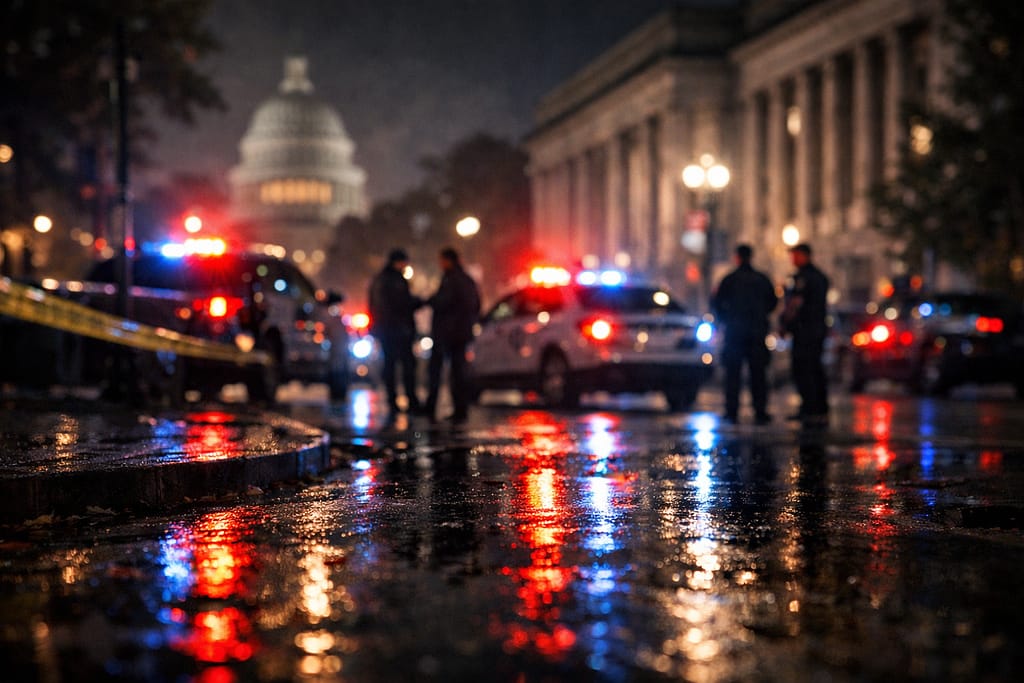 Police lights illuminate a Washington, D.C. street at night during an investigation.