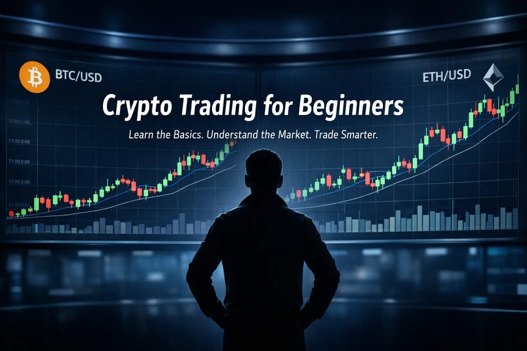 Crypto trading for beginners hero image with Bitcoin and Ethereum charts and educational course title