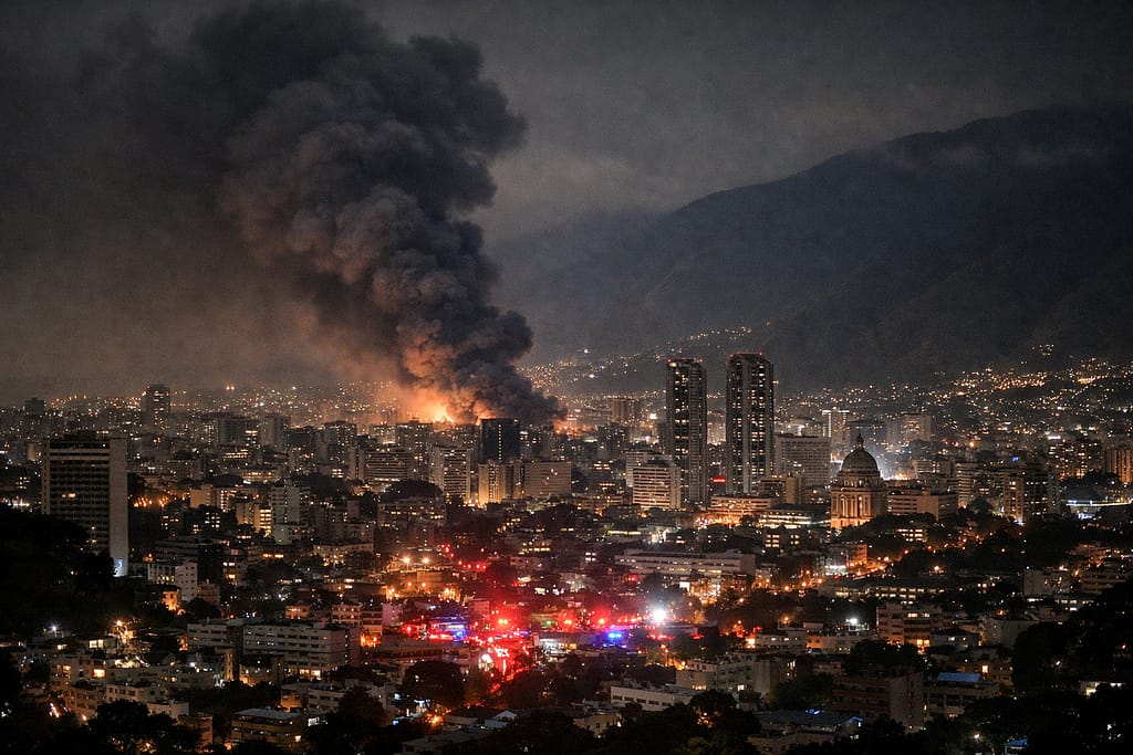 Smoke rises over Caracas amid reports of overnight explosions and strikes.