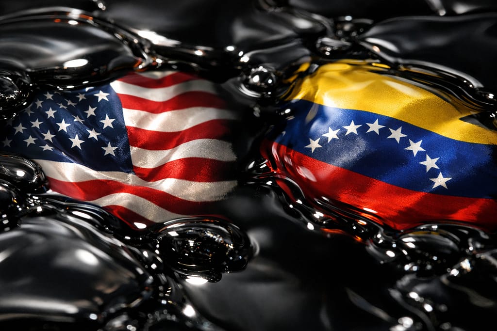 U.S. and Venezuela flags reflected on oil, representing geopolitical energy tensions.