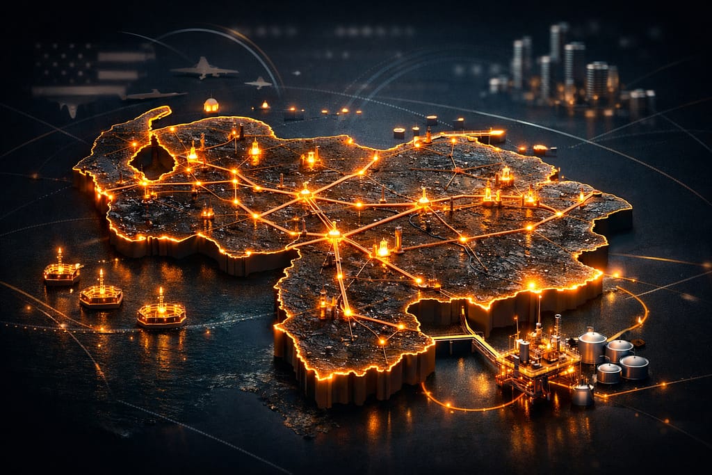 Stylized map of Venezuela highlighting oil infrastructure and strategic routes.