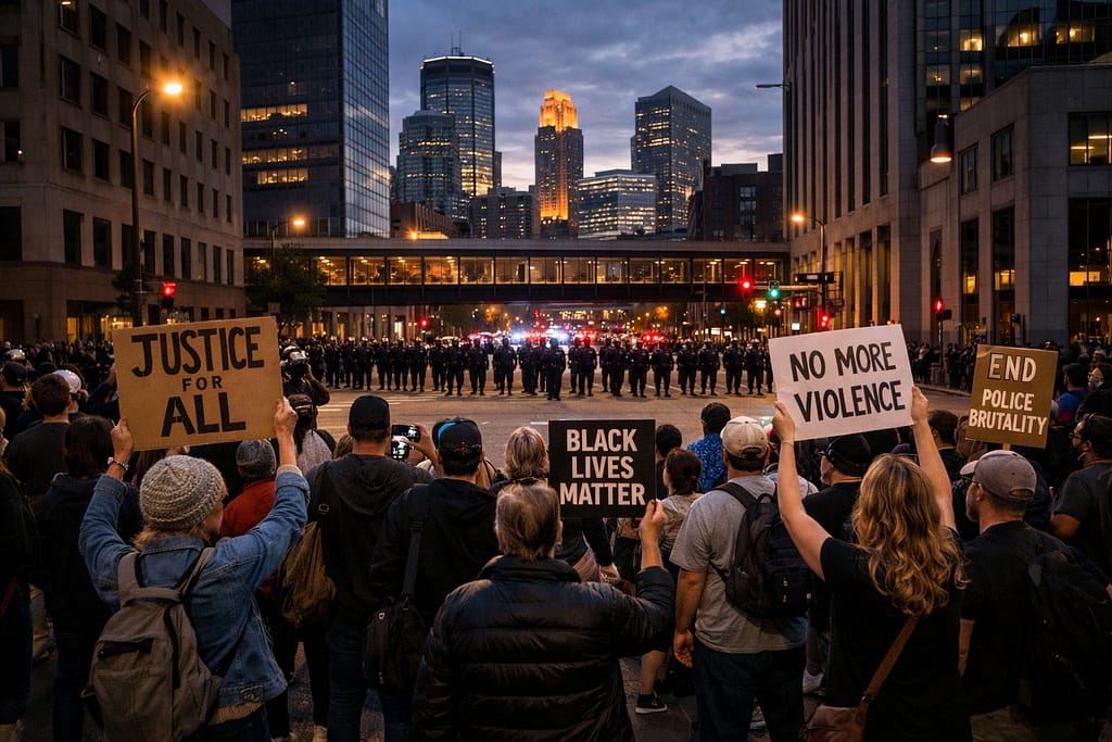 Demonstrators gather in Minneapolis following a fatal ICE-involved shooting.