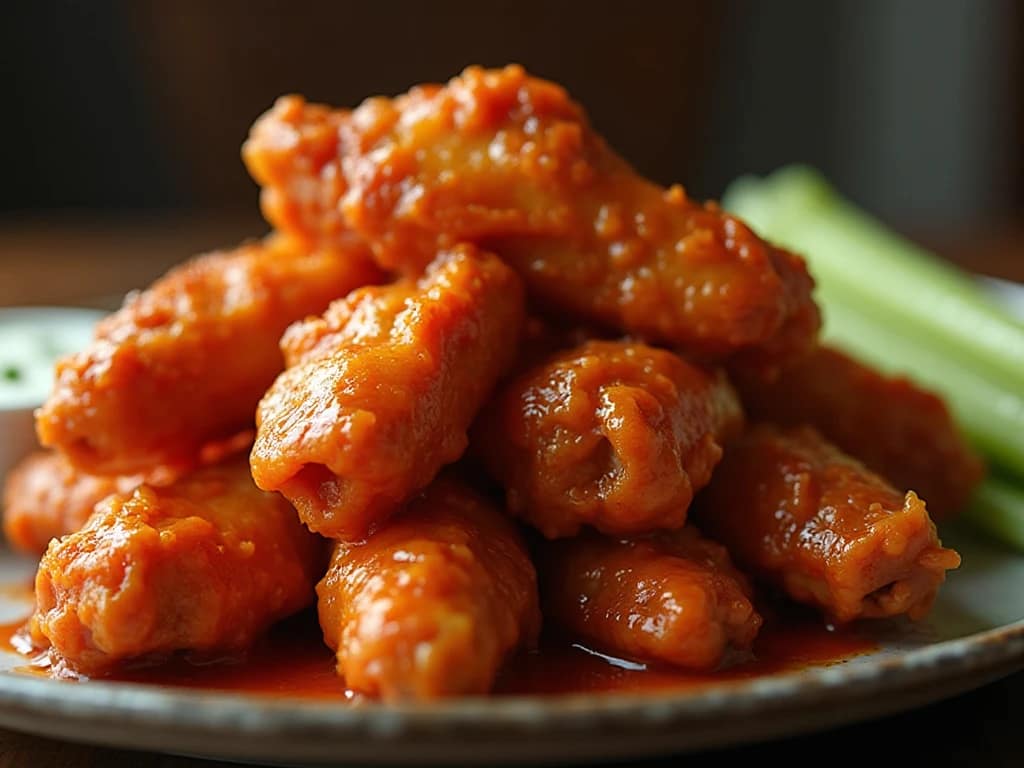 Classic Buffalo chicken wings coated in spicy sauce served with celery sticks and blue cheese dip on a plate