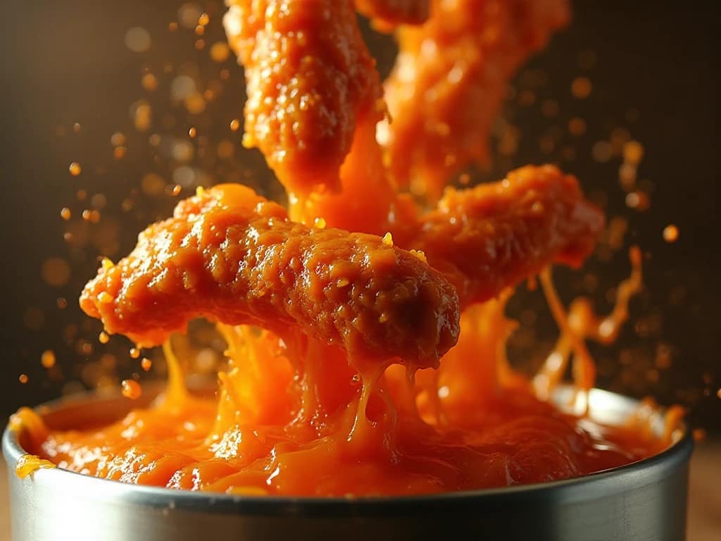 Buffalo chicken wings being tossed in spicy sauce inside a metal bowl