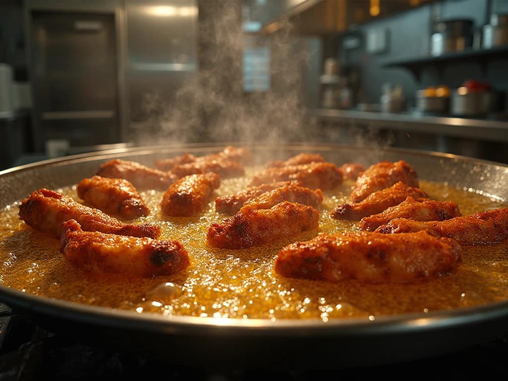 Chicken wings frying in hot oil with bubbles and steam in an American-style kitchen