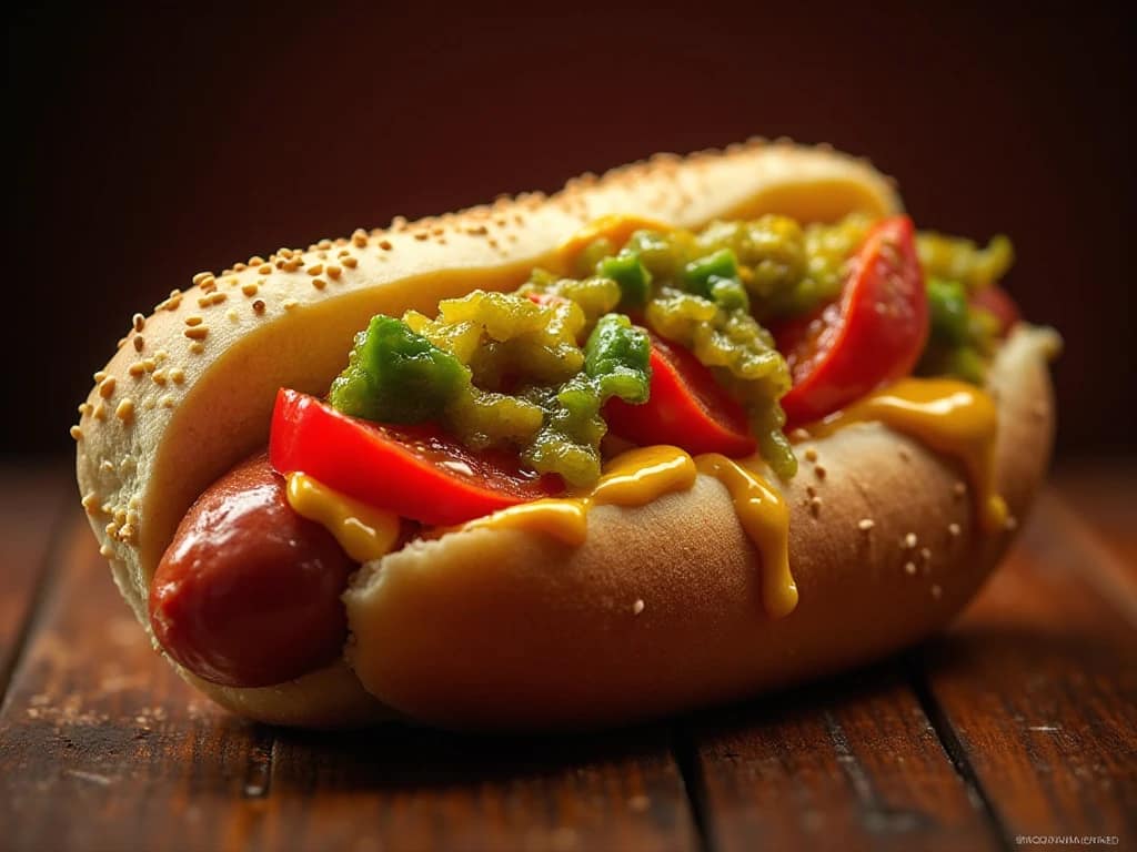 Close-up of Chicago-style hot dog toppings showing relish, mustard, tomatoes, and poppy seed bun