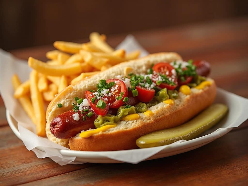 Chicago-style hot dog served at an American street food stand in Chicago