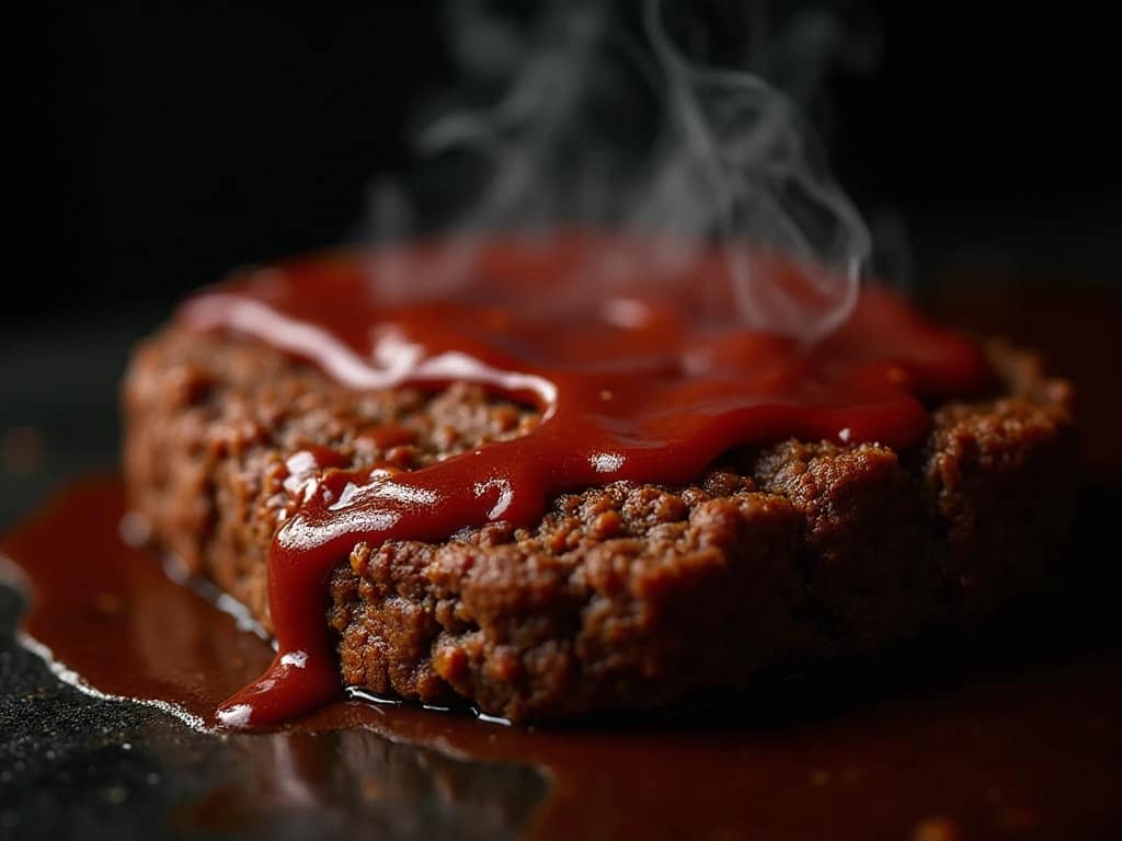 Close-up of juicy meatloaf slice with ketchup glaze