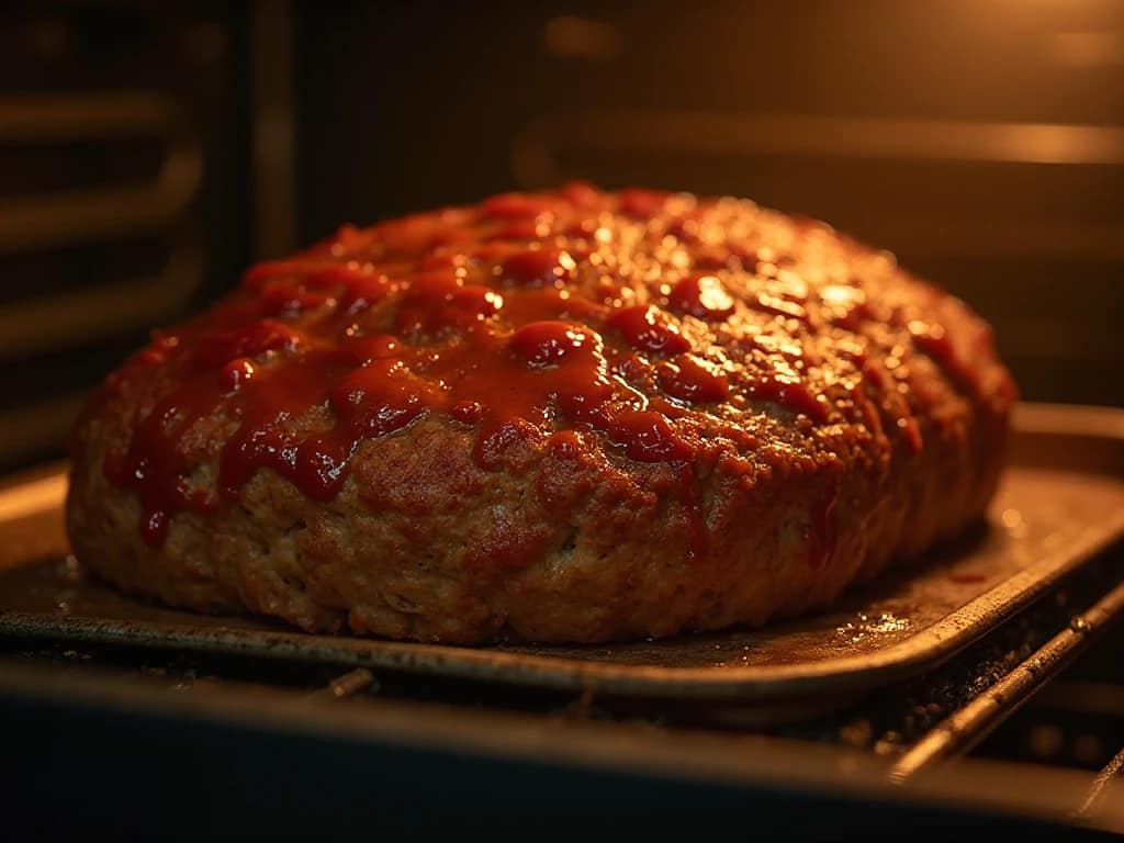 Meatloaf baking in the oven with glaze caramelizing on top
