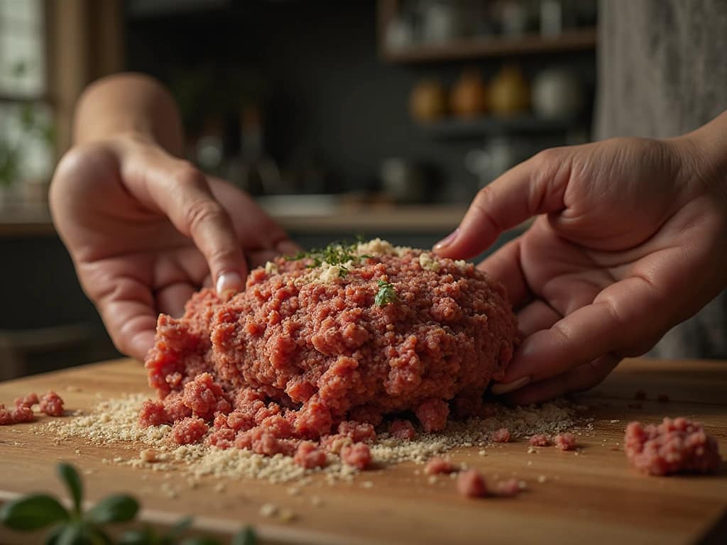 Close-up of juicy meatloaf slice with ketchup glaze