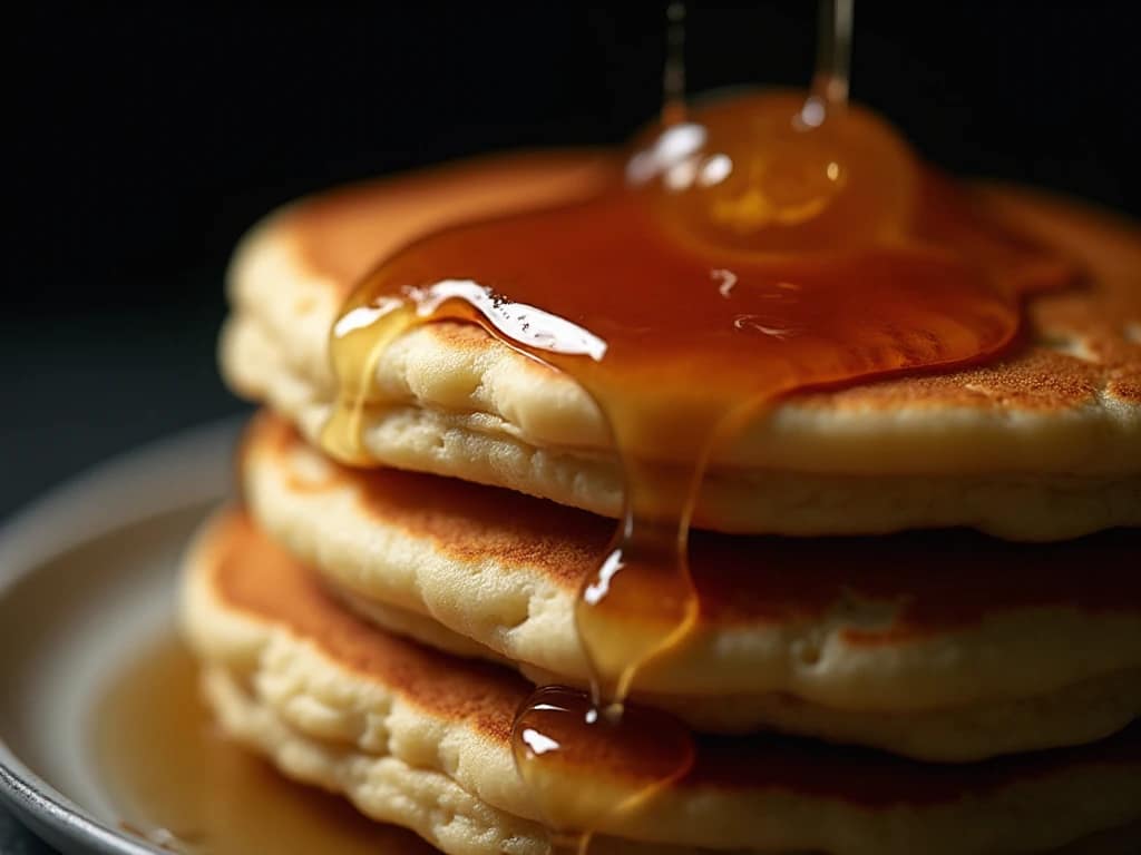 Stack of classic American pancakes with butter and maple syrup