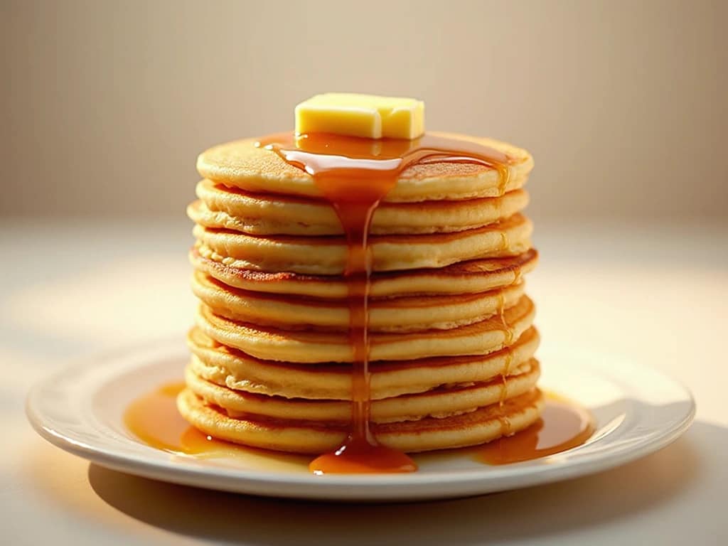 Close-up of fluffy American pancakes showing airy texture and syrup