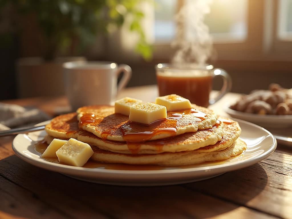 American pancake breakfast served with syrup and coffee in the morning