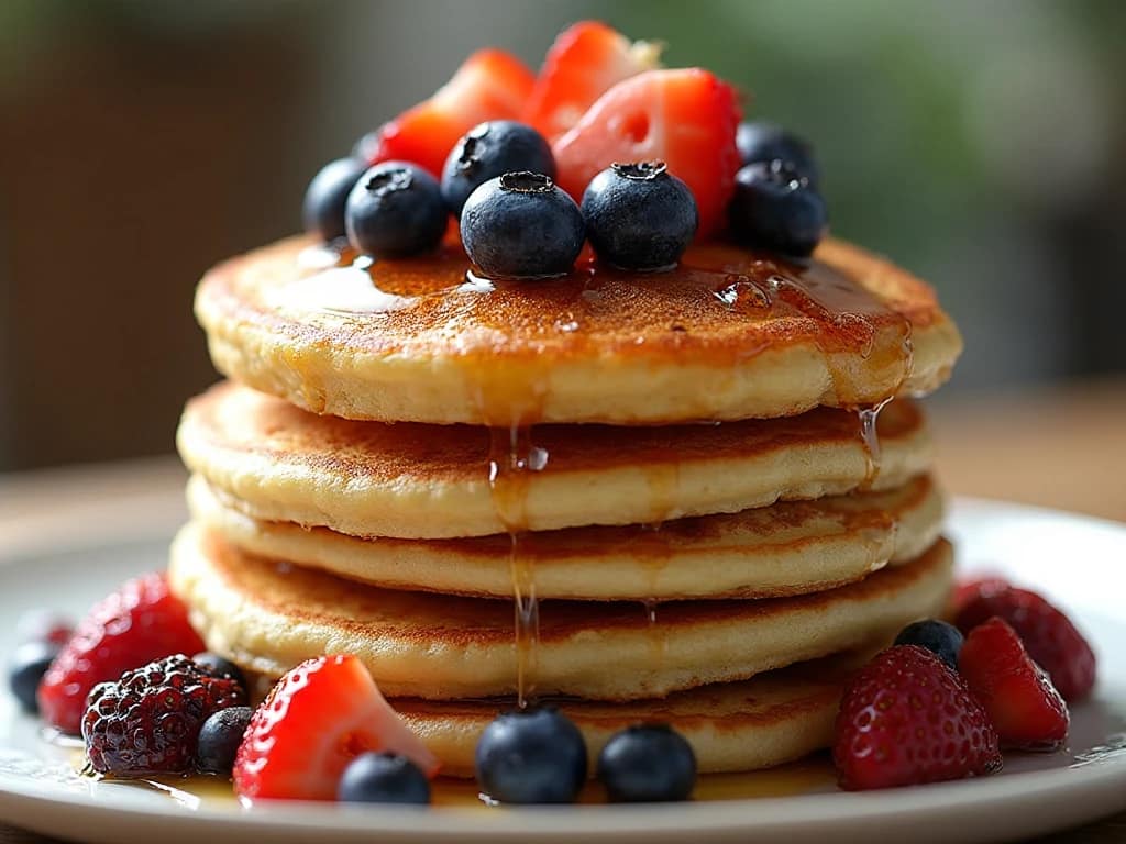 American pancakes topped with fresh berries and maple syrup