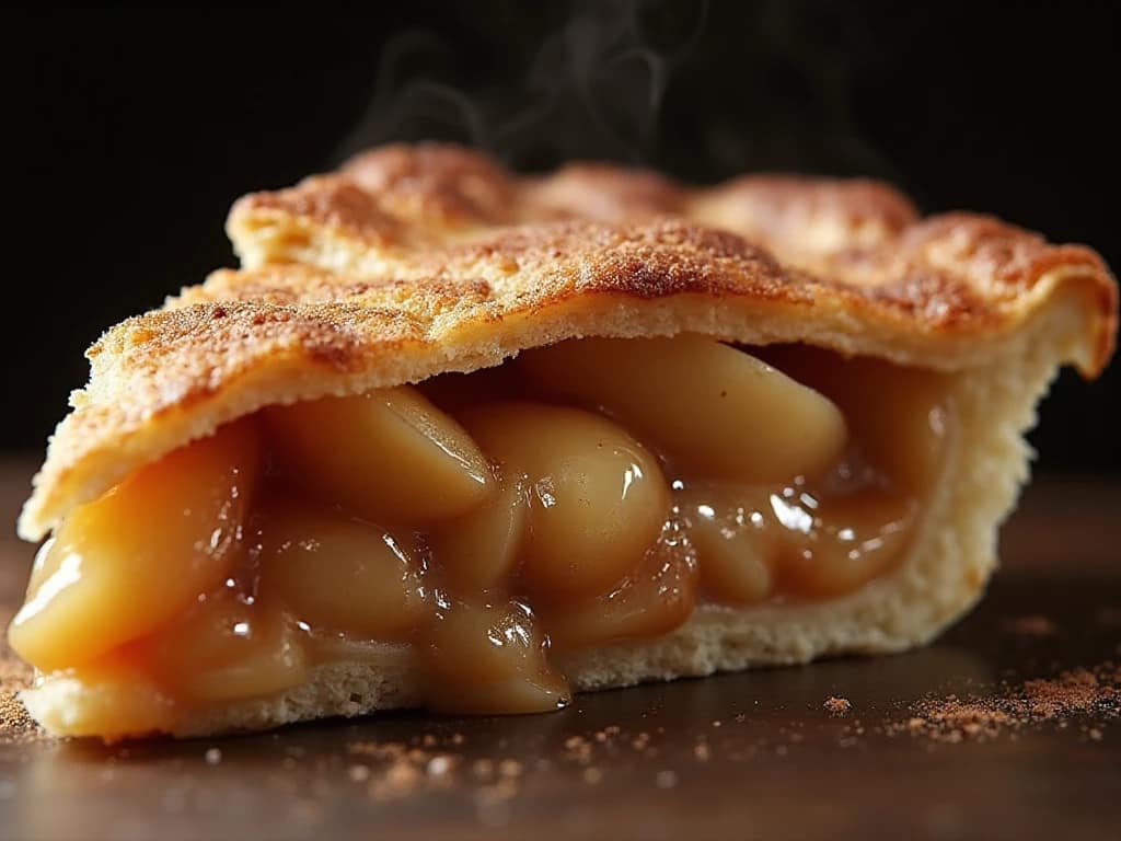 Close-up of apple pie slice showing cinnamon-spiced apple filling and flaky crust