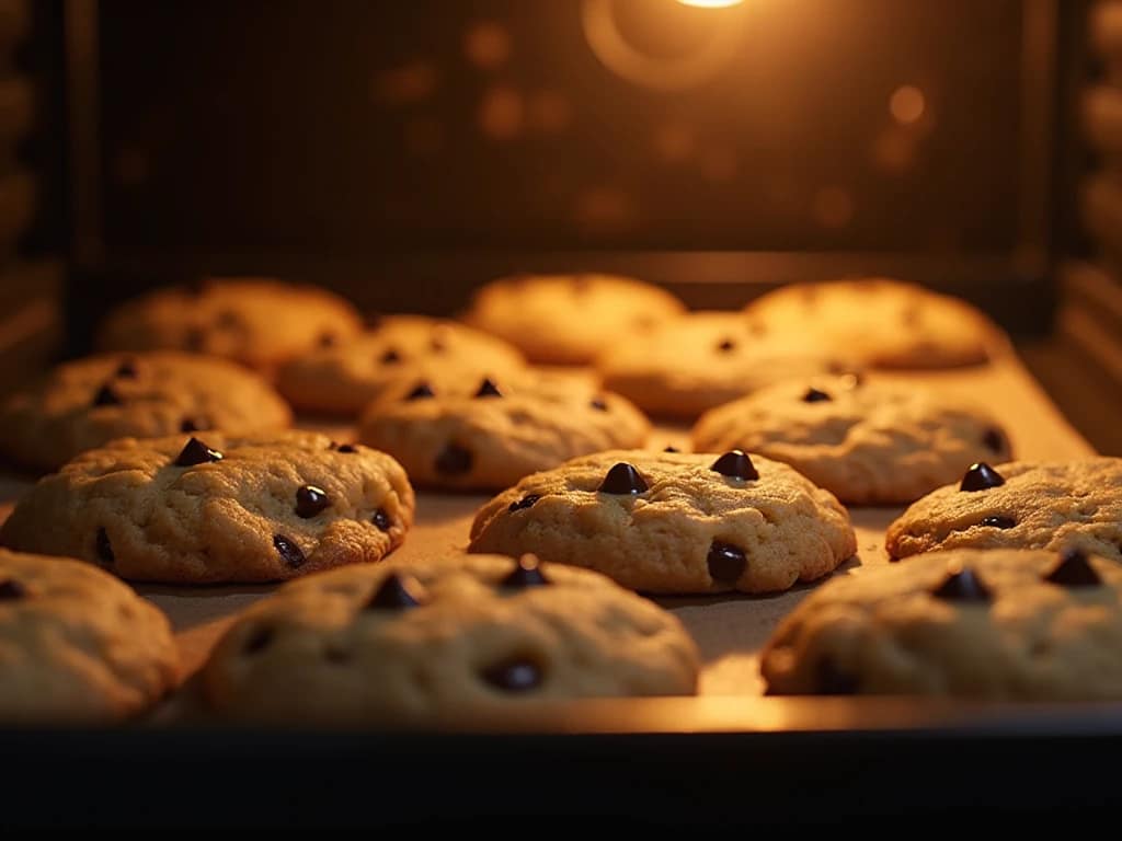 Chocolate chip cookies baking in the oven on a tray