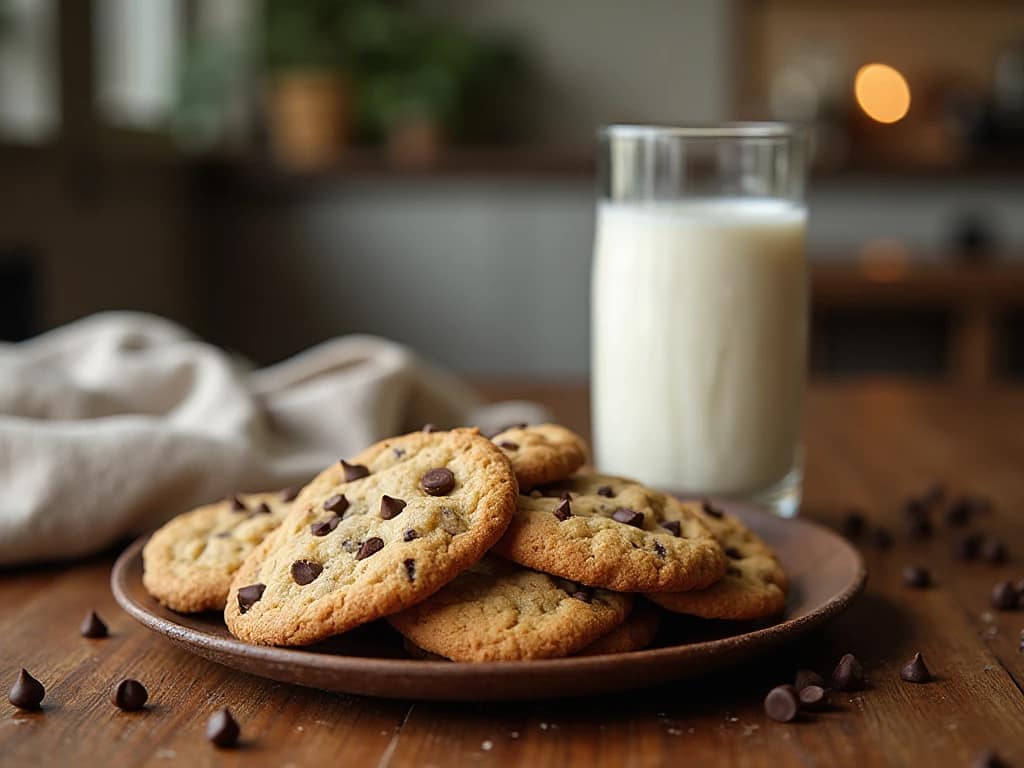 Chocolate chip cookies served with a glass of milk in a cozy home setting
