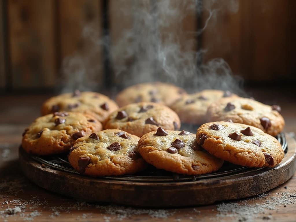 Freshly baked chocolate chip cookies cooling on a rack