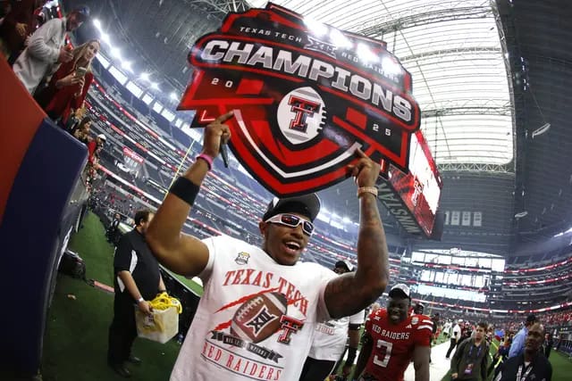 ARLINGTON, TEXAS: Terrell Tilmon #18 of the Texas Tech Red Raiders celebrates following the team's win over the BYU Cougars for the Big 12 championship game at AT&T Stadium on December 6, 2025. (Photo by Ron Jenkins/Getty Images)