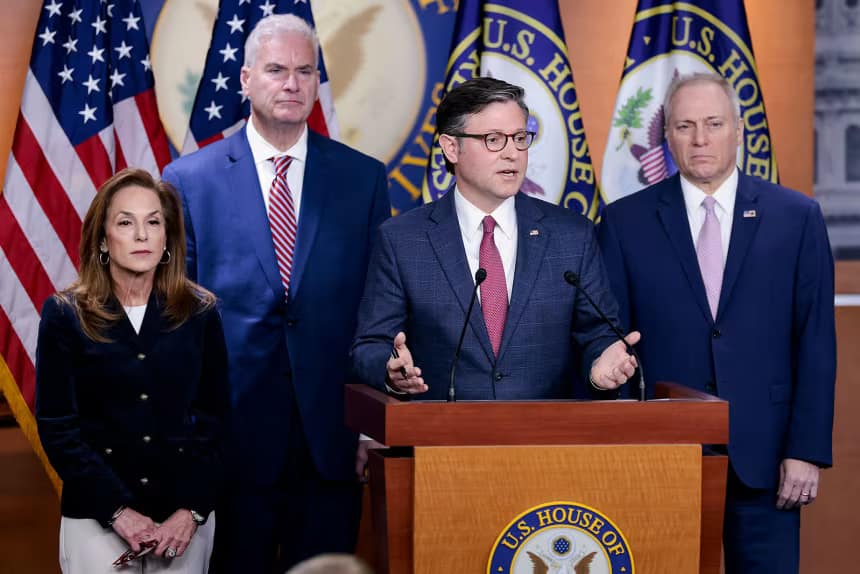 “Speaker of the House Mike Johnson speaks at a press conference at the U.S. Capitol about healthcare policy and rising insurance costs.”